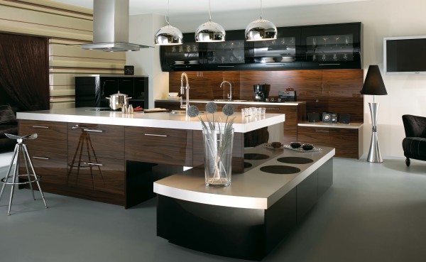 Furniture,Amazing Small Space Kitchen Island Design Ideas With Beautiful Dark Brown Wood Kitchen Cabinet And Stunning Clear Glass Floating Kitchen Cabinet In Nice Black Color Plus Chrome Three Pendant Lamp Also Modern Chrome Bar Stool,Modern Kitchen Island Designs