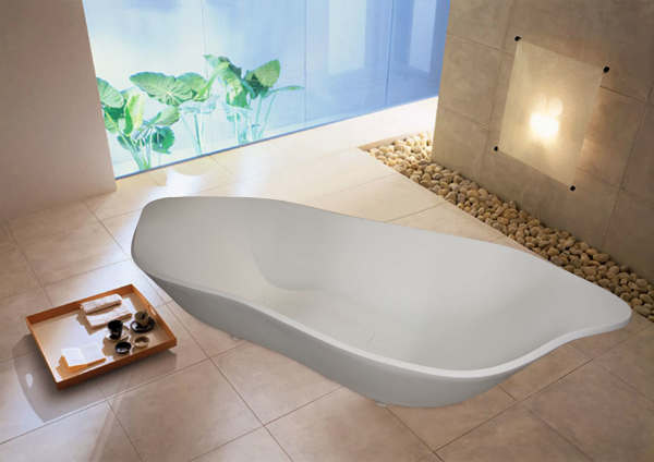 Bathroom,Unusual Large Space Stone Bathroom Design Ideas With Beautiful White Oval Stone Freestanding And Nice Cream Ceramic Tile Floor Also Gorgeous Cream Wall Light,Natural Stone Bathroom Designs
