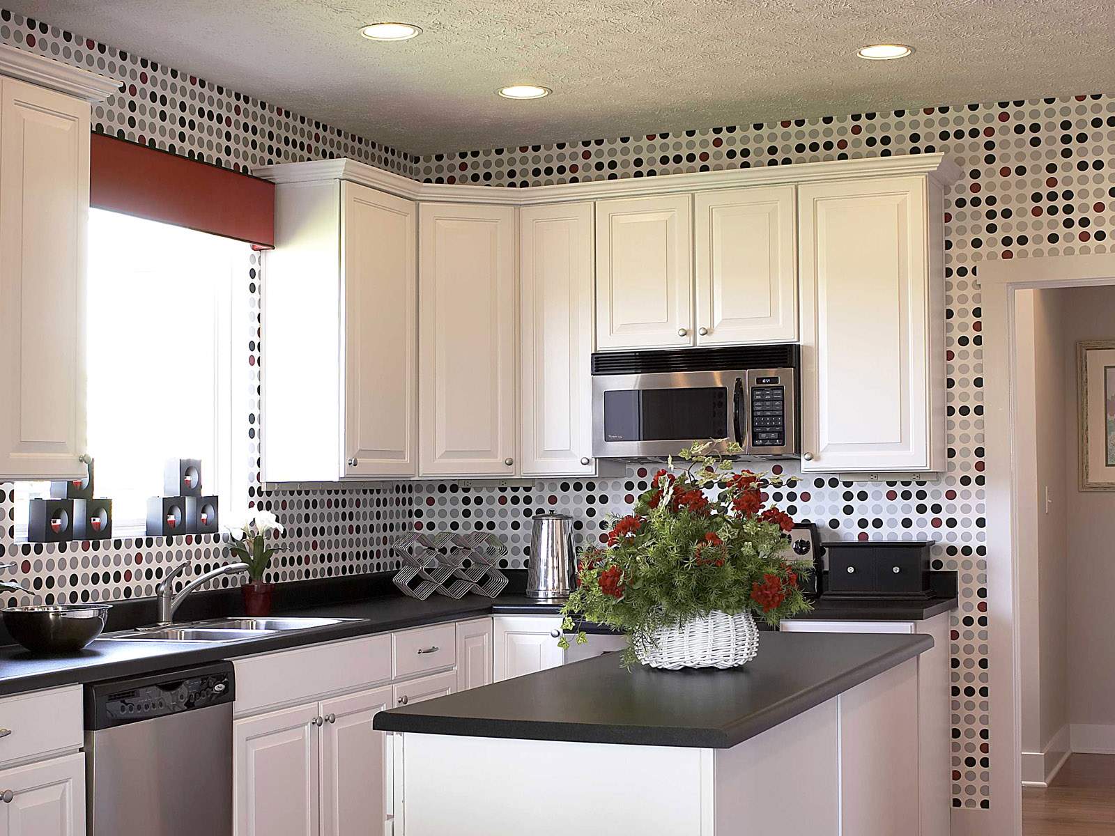 Furniture,Stunning Kitchen Interior Design Ideas With Beautiful White Wood Kitchen Cabinet On Combined Nice Black Countertop And Wonderful Floating White Wood Kitchen Cabinet Also Cool Black White Kithcen Island,Simple Interior Designs Ideas In Home