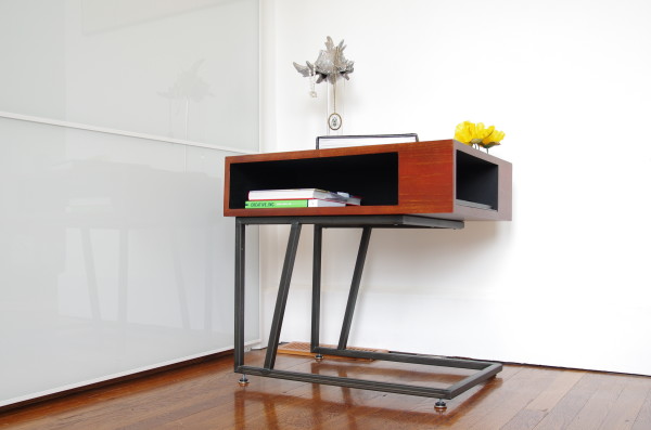 Bedroom,Fantastic Bedside Table Altenative Design Ideas With Charming Cherry Red Wooden Shelves Bedside Table And Stylish Iron Base Wheel Leg Also Unique Nightstand Model On Dark Wood Flooring,Creative Bedside Table Alternatives For Bedroom Designs