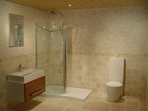 Bathroom,Enticing Large Space Bathroom 2011 Design Ideas With Charming Floating Bathroom Vanity On Conbined Nice White Vessel Sink And Stylish Corner Shower Enclosures Plus Cool Stainless Shower Head Also Comfortable Height White Ceramic Toilet,Perfect Bathrooms 2011 Design Modern