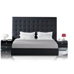 Bedroom,Extra Tall Black Leather Headboard Bed Design Ideas With Comfortable White Mattress And Cool Black Two Nightstand Table Also Luxurious White Tiles For Classy Concept,Single Bedroom With Headboard Beds