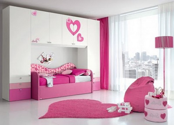 Bedroom,Stunning Room For Teenage Girl Design Ideas With Fancy Murphy Bed In Pink Bed Frame And Comfortable Pink Bean Bag Also Wonderful Pink Drum Floor Lamp Plus Soft Pink Heart Shaped Rug On Combined Gorgeous White Floor,Contemporary Small Rooms For Teenage Girls To Bedroom
