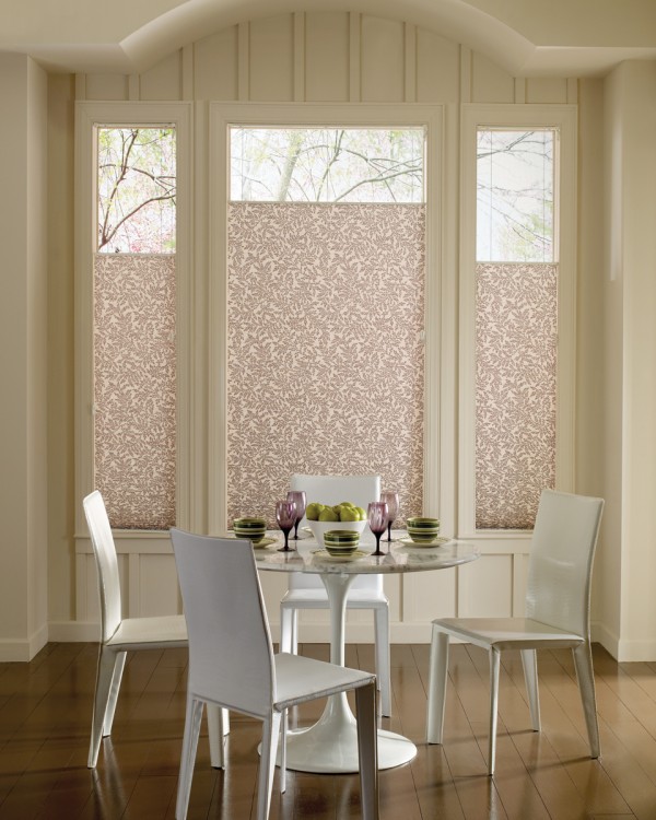 Interior,Extraordinary Top Down Bottom Up Wood Blind Design Ideas With Nice Floral Ornament And Cool Stylish White Dining Table Also Comfortable White Chairs,Top Down Bottom Up Wood Blinds Decoration