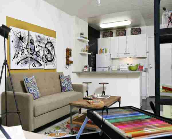 Apartments,Dazzling Very Small Apartment Design Ideas With Nice Tan Sofa And Vintage Brown Wood Coffe Table Plus Cool Spotlight Floor Lamp Also Beautiful Artwork,Comfy Studio In Very Small Apartment Design