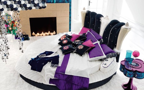 Bedroom,Fabulous Room For Teenage Girl Design Inspiration With Amazing Round Bed In Beautiful White Black Bed Sheet And Cozy Black Cream Fabric Headboard Also Cool Light Brown Ceramic Fireplace,Contemporary Small Rooms For Teenage Girls To Bedroom