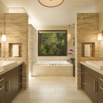 Bathroom,Charming Cream Ceiling Wall Light Design Inspiration With Beautiful Two Single Sink Plus Beautiful Dark Brown Wood Bathroom Cabinet And Stylish Great Wall Light In Nice Cream Color Also Comfortable White Ceramic Free Standing Bathtub,Classic Wall Lights Inside Bathroom