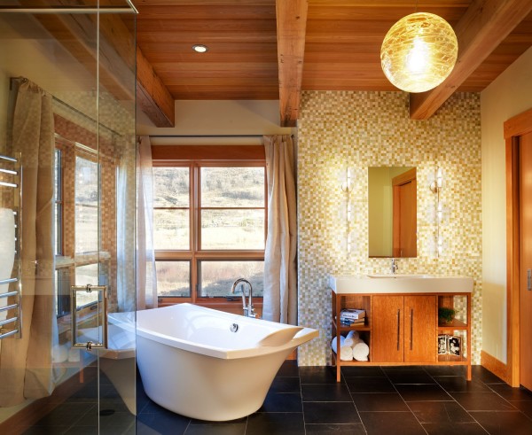 Bathroom,Dazzling Large Space Bathroom 2011 Design Inspiration With Modern White Ceramic Freestading Bathtub And Gorgeous Shower Enclosures Also Splendid Bright Brown Wood Bathroom Vanity On Combined Picturesque Rectangular White Ceramic Vessel Sink Plus Beautiful Vertical Wall Mirror For Rustic Concept,Perfect Bathrooms 2011 Design Modern