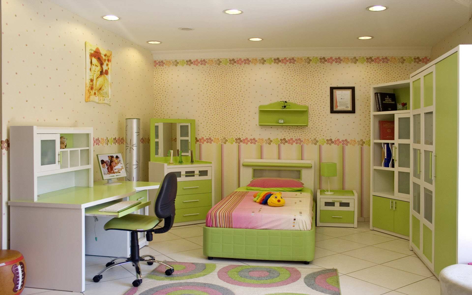 Furniture,Delightful Interior House Design Picture With Amazing Green Bed Frame And Cool White Green Wood Study Table Plus Comfortable Wheels Black Green Chair Also Wonderful Green White Wood Wardrobe,Picturesque Interior House Design Pictures 2015