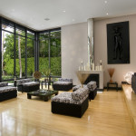 Furniture,Simple Large Space House Interior Design Picture With Cool Black White Pattern Sofas And Wonderful Black Square Tuscan Side Table On Combined Trendy Bright Brown Wooden Laminated Flooring Also Gorgeous White Wall Paint,Beautiful House Interior Design Pictures