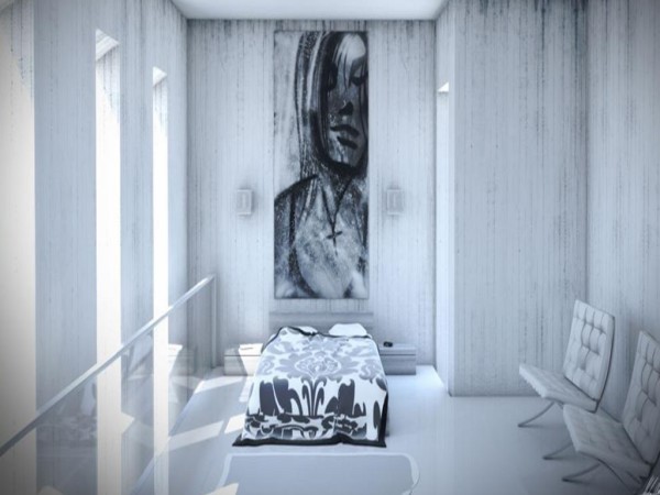 Bedroom,Fashionable Sharp Eye Catching Smart Bedroom Design With Beautiful Large Wallpaper And Comfortable Bed Set On Combined Black White Bed Cover Also Cozy Two White Chair Pad,Modern Smart Bedroom Design To Comfort Sleeping