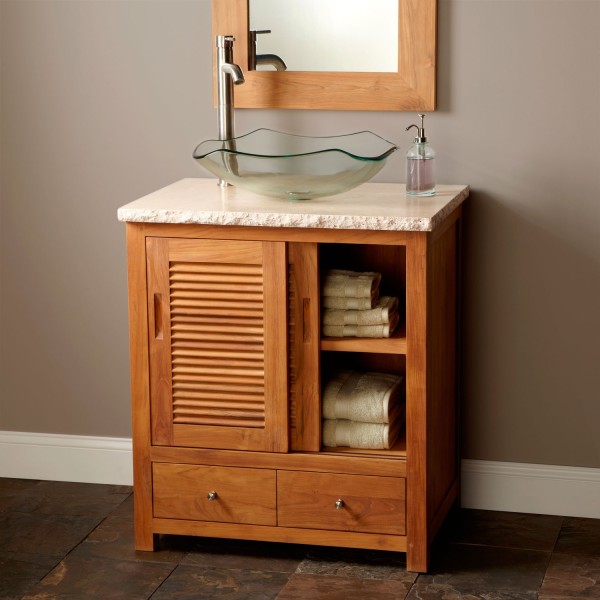 Bathroom,Enticing Bathroom With Vessel Sink Design Ideas On Combined Glass Material And Beautiful White Granite Table Also Gorgeous Brown Sliding Door Vanity Cabinet Plus Drawers,Style Bathrooms With Vessel Sink Design 