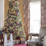 Furniture,Picturesque Beige Wall Paint Best Christmas Decorating Ideas With Stunning Christmas Tree On Combined Beautiful Cream Xmas Tree Lights And Gorgeous Red Glass Ball Ornaments Also Splendid Glass Window Plus Soft Floral Curtains,The Best Christmas Decorating Ideas And Christmas Tree For Your Home