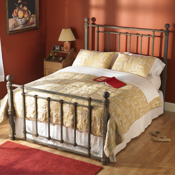 Bedroom,Beautifu Stylish Queen Bed Aged Bronze Wesley Allen Bed Design With Charming White Bed Cover On Combined Cream Blanket And Soft Pillow Also Nice Small Stand Lamp,Fashionable Iron Wesley Allen Beds For Your Bedroom