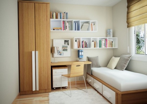 Apartments,Impressive Small Space Furniture For Apartment Design Ideas With Cool Day Bed On Combined Comfortable White Bed Sheet And Beautiful Corner Bright Brown Wood Wardrobe Also Stylish Study Space Plus Gorgeous Wall Mount Bookshelves In Wonderful White Wall Paint,Cheap Furniture For Apartments Decoration Modern