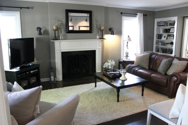 Interior,Minimalist Gray Painting Ideas For Room With Comfortable Brown Leather Three Seater Sofa And Beautiful Black Wood Rectangular Table On Combined Soft White Fur Rug Also Splendid Corner Black Wood Entertainment Center,Cool Painting Ideas For Rooms