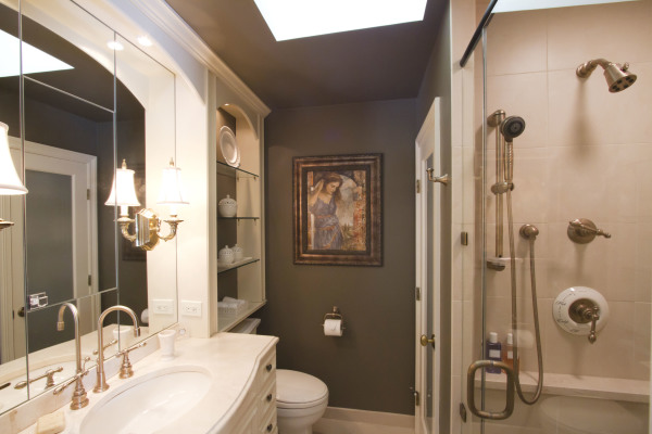 Bathroom,Contemporary Bathroom Vanity Ideas For Small Bathroom With Style Free Standing Chrome Steam Shower And Cool Built In Shelves Also Beautiful White Light Fixture In Wall Plus Wonderful Vanity Single Sink For Luxurious Concept,Beauty Bathroom Vanity Ideas For Small Bathrooms