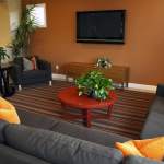 Furniture,Admirable Brown Wall Paint Sofa For Small Living Room Design Ideas With Comfortable Black Fabric Sofas On Combined Soft Orange Pillows And Cool Brown Wood Round Table Plus Gorgeous Great Red Black Gray Stripe Rug Also Wonderful Table Lamp,The Most Convenient Sofas For Small Living Rooms