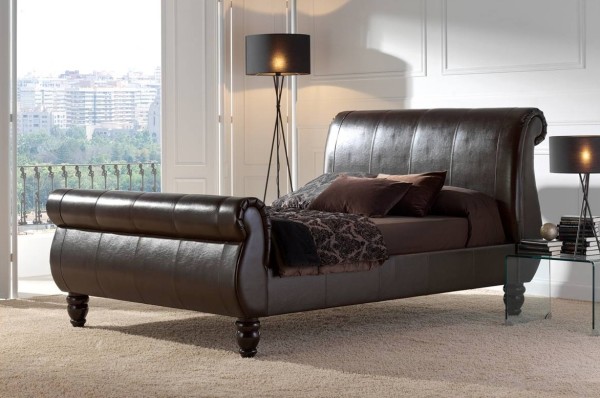 Bedroom,Impressive Veronica Sleigh Leather Bed Frame Design With Beautiful Dark Brown Color And Cool Height Headboard Also Modern Black Desk Lamp,Style Low Profile Bed Design With Leather Beds