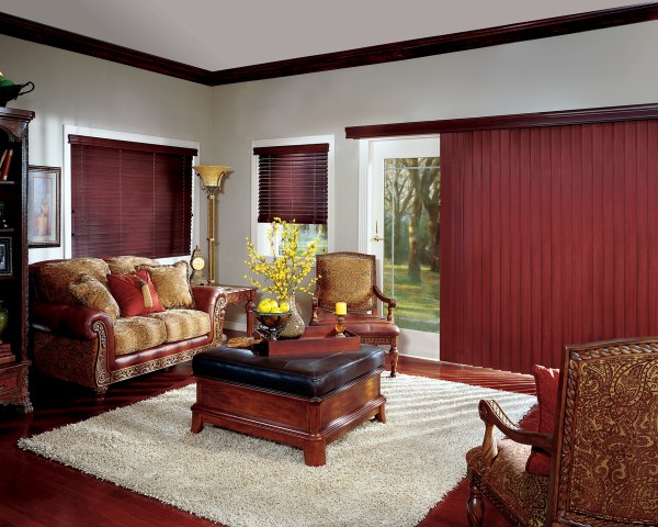 Interior,Elegant Sofa On Combined Beautiful Ornament Also Wonderful White Fur Rug And The Best Large Dark Brown Vertical Custom Wood Blind Design Ideas For Living Room,Dazzling Custom Wood Blinds Ideas