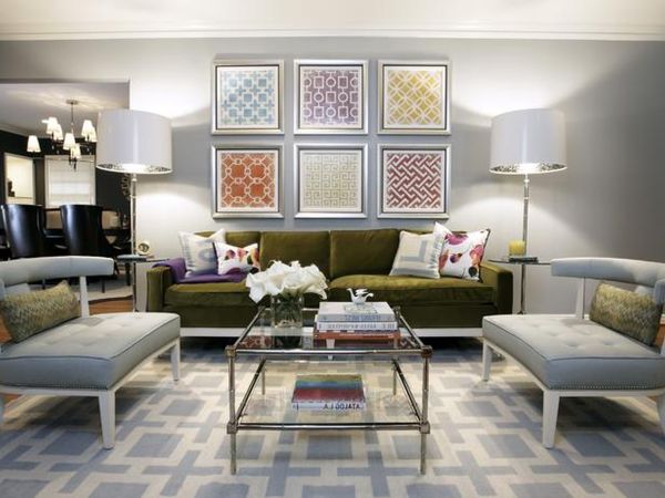 Furniture,Fascinating Sofa For Small Living Room Decoration With Comfortable Long Sofa In Green Color And Cozy Light Blue Padded Seat Sofa Also Wonderful Two Over Floor Lamps Plus Trend Glass Table On Combined Soft Geomatric Blue White Pattern Rug ,The Most Convenient Sofas For Small Living Rooms