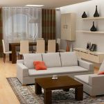 Furniture,Picturesque Sofa For Small Living Room Design Ideas With Stylish Open Plan Dining Room And Soft Gray Sofas On Combined Nice Orange Pillows Also Beautiful Square Wooden Coffe Table Plus Amazing Floating Open Shelves,The Most Convenient Sofas For Small Living Rooms