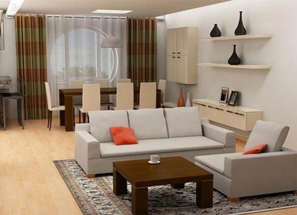 Furniture,Picturesque Sofa For Small Living Room Design Ideas With Stylish Open Plan Dining Room And Soft Gray Sofas On Combined Nice Orange Pillows Also Beautiful Square Wooden Coffe Table Plus Amazing Floating Open Shelves,The Most Convenient Sofas For Small Living Rooms