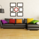 Furniture,Delightful Sofa For Small Living Room Design Inspiration With Charming Black Leather Sectional Sofa On Combined Soft Multi Color Pillows And Cool Stand Lamp In Black Color Also Beautiful Potted Plant Plus Trend Bright Wood Floor ,The Most Convenient Sofas For Small Living Rooms