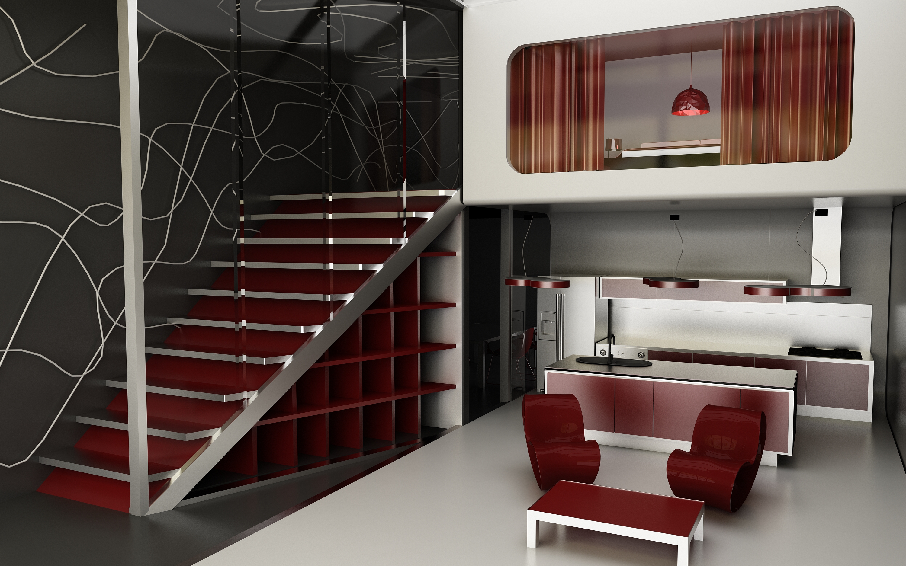 Interior,Beautiful Open Plan Living Room Interior Design Photo With Cool Red Single Seater Sofas Plus Wonderful Red White Table And Beautiful Red White Kitchen Island Also Creative Red Staircase Shelf,Best High Quality Interior Design Photos To Your Living Room