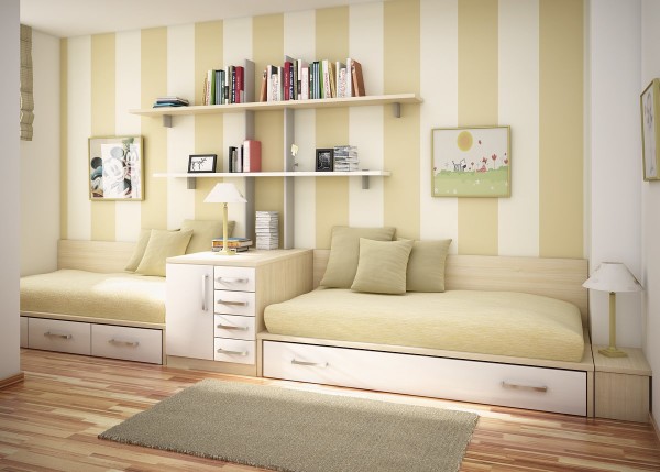Bedroom,Charming Design A Room With Amazing Twins Day Bed In White Wood Bed Frame On Combined Comfortable Light Green Bed Sheet And Cool Wall Mount Bookshelf On The Light Green White Striped Wallpaper Also Nice Hardwood Floor,Design A Rooms Latest