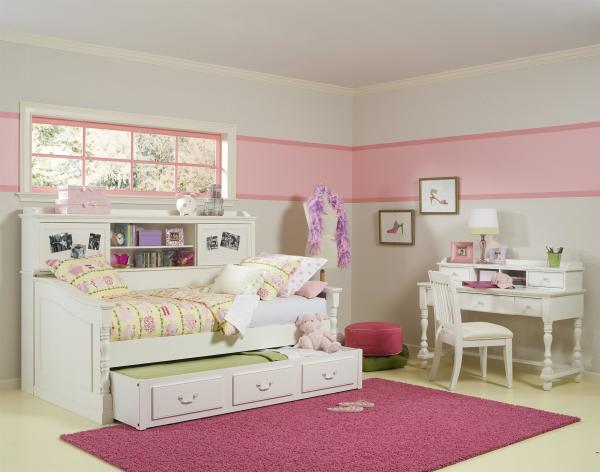 Bedroom,Breathtaking White Pink Themed Teenage Bedroom Furniture For Boy Design Inspiration With Charming Trubdle Bed On Combined Sweet White Polished And Soft Pink Rug Also Comfortable Study Space ,Modern Teenage Bedroom Furniture For Boys Design Inspiration 