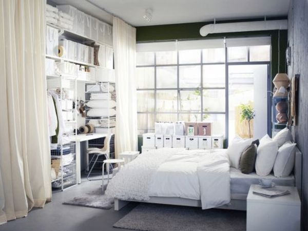 Bedroom,Fascinating White Black Themed Storage For Small Bedroom Design Inspiration With Stylish White Wood Bed Frame On Combined Comfortable White Bed Sheet And Cool White Desk Also Beautiful Open Storage Shelves,Modern Storage For Small Bedroom Inspiration