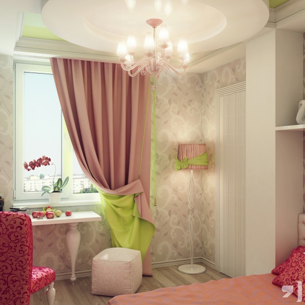 Bedroom,Beautiful Bedroom Design For Teenage Girl With Wonderful Glass Windows On Combined Beige Mixed Green Curtains And Comfortable Red Padded Seat Chair Plus Amazing Chandelier Also Charming Corner Stand Lamp,Modern Bedroom Designs For Teenage Girls