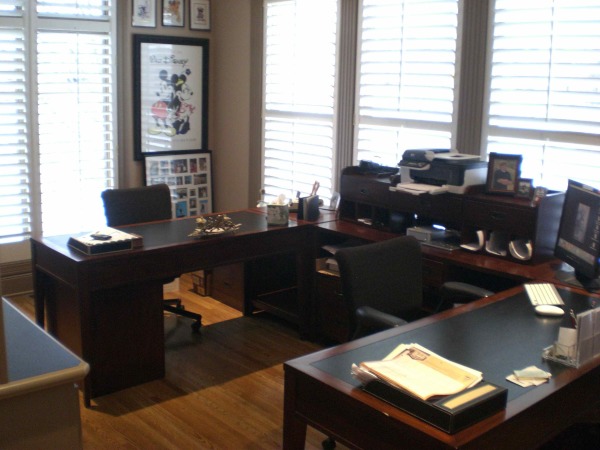 Furniture,Nice Home Office Design For Two People With Comfortable Black Fabric Arm Chairs And Beautiful Brown Black Wood Desk Also Wonderful Brown Wood Floor Plus Gorgeous White Horizontal Blinds,Comfortable Home Office Design For Two People 