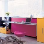 Furniture,Cute Home Office Design For Two People With Pretty Small Cushion Stool In Pink Color Plus Soft Zebra Pattern And Beautiful Floating Office Desk Also Stylish Bookshelf,Comfortable Home Office Design For Two People 
