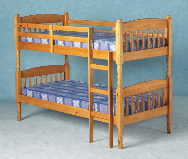 Bedroom,Cheap And Beautiful Bunk Bed Deign Ideas With Charming Brown Wood Bed Frame And Soft Blue Mattress Also Beautiful Blue Wall Paint Finish,Modern Bunk Bed For Kids Bedroom Designs