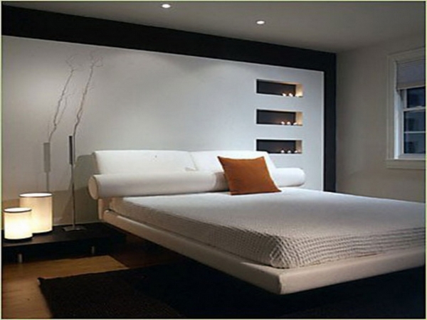Bedroom,Minimalist Small Space Bedroom Design Ideas With Charming White Leather Platform Bed On Combined Comfortable White Bed Sheet And Nice Black Bedside Table Plus Beautiful Cream Table Lamp Also Soft Black Great Rug,Wide Range Of The Latest Modern Bedrooms