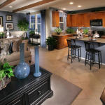 Furniture,Classy Open Kitchen Floor Plan Design Ideas With Cool Dining Living Room And Gorgeous Brown Wood Floating Kitchen Cabinet Also Stunning Black Table Plus Soft Beige Sofa For Vintage Concept,Awesome Open Kitchen Floor Plans Design