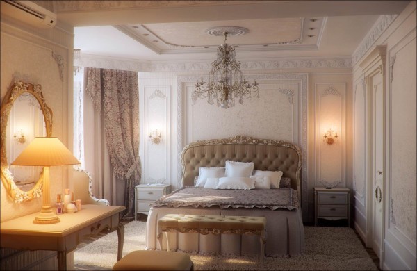 Bedroom,Wonderful White Scheme Comfortable Bed Set Design Ideas With Fancy Headboard And Beautiful Chandelier Hanging Also Amazing White Make Up Table On Combined Desk Lamp For Classic Concept,Comfortable Bed Set