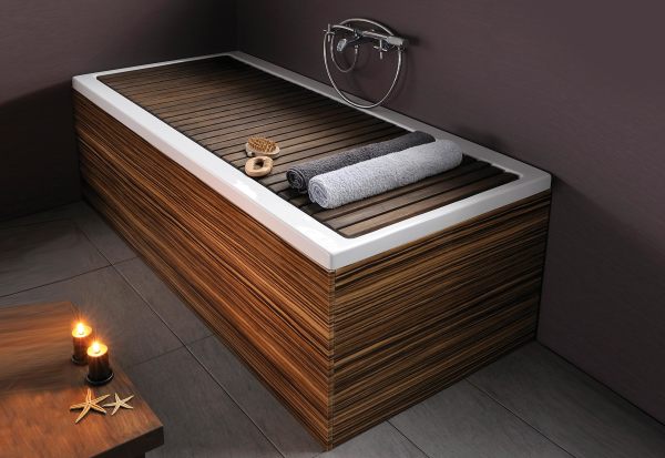 Bathroom,Cool Stylish Overflow Bathtub Design Ideas With Nice Free Standing Bathtub Combined Beautiful Brown Wood Veneer And Gorgeous Chrome Shower Head Also Wonderful Gray Tile Floor ,Contemporary Overflowing Bathtubs 