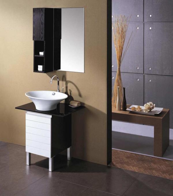 Bathroom,Adorable Beige Wall Paint Bath Design Ideas With Nice Free Standing Vanity Cabinet And Modern White Ceramic Vessel Sink Plus Beautiful Wonderful Chrome Bathroom Faucet Also Gorgeous Vertical Wall Mirror ,Admirable Bath Designs To Your Bathroom 