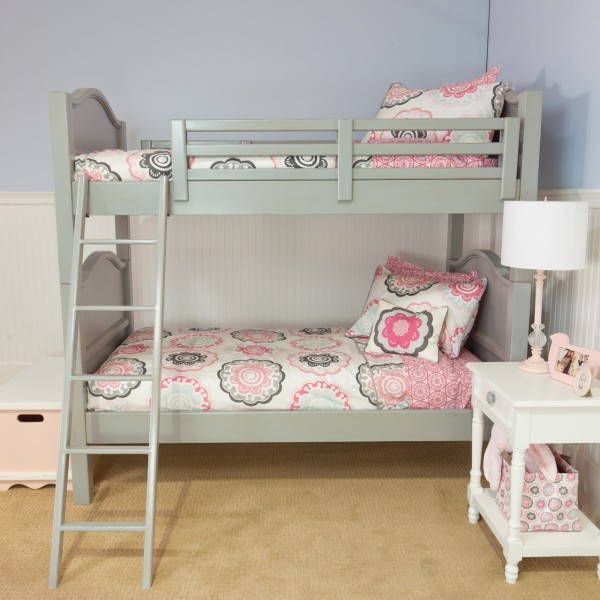 Bedroom,Fashionable Hampton Bunk Bed Design Ideas With Pretty Pink White Mattress On Combined Gray Bed Frame And Charming White Wood Nightstand Table Also Modern White Desk Lamp For Girls Bedroom,Modern Bunk Bed For Kids Bedroom Designs