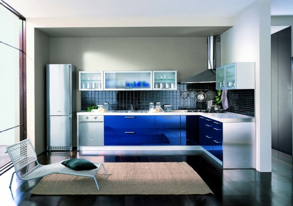 Kitchen,Picturesque White Wall Paint Kitchen 2012 Design Inspiration With Charming Blue Glossy Kitchen Cabinet On Combined Beautiful White Countertop And Cool  Frosted Glass Door Floating Kitchen Cabinets Also Gorgeous Corner Stainless Cooker Hood Plus Comfortable White Wood Lounge Chair,Contemporary Kitchens 2012