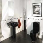 Bathroom,Splendid White Wall Paint Bath Design Inspiration With Gorgeous Black Height Closet Seat And Cool Black Pendestal Bathroom Sink Faucet On Combined Trendy Black Ceramic Tile Floor Also Wonderful Wall Mirror ,Admirable Bath Designs To Your Bathroom 