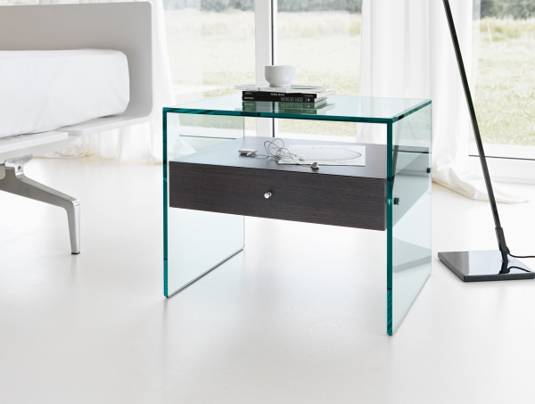 Bedroom,Modern Bedside Table Altenative Design With Adorable Tonelli Venerdi Glass Side Table And Beautiful Dark Brown Wood Console Also Gorgeous Large White Curtains,Creative Bedside Table Alternatives For Bedroom Designs