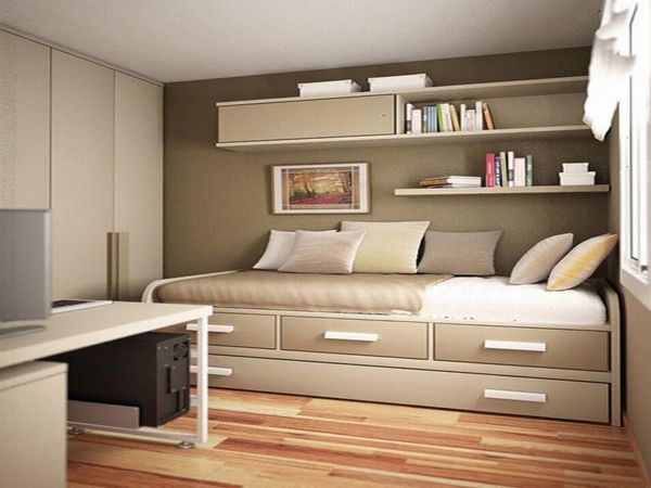 Bedroom,Splendid Furniture Ideas For Small Bedroom Design With Wonderful Day Bed On Combined Nice Under Drawers Bed And Cool Open Book Shelves Also Charming Bright Wood Floor For Industrial Concept,The Best Furniture Ideas For Small Bedrooms