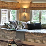 Furniture,Luxurious Bay Window Decorating With Adorable Floral Pattern Seat Window And Soft Pillows Plus Beautiful Wall Light Also Cool Brown Folding Curtains,Contemporary Bay Window Decorating