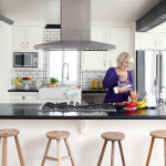 Interior,Fancy Small Luxury Kitchen Design With Adorable White Wood Floating Kitchen Cabinet And Modern Large Stainless Cooker Hood Also Vintage Bright Brown Bar Stools,Best Small Luxury Kitchens Inspiration
