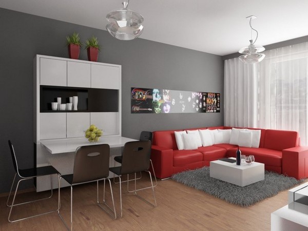 Furniture,New Model Interior Design Ideas With Amazing Red Leather Sofa On Combined Soft White Cushions And Beautiful White Table Plus Soft Gray Fur Rug Also Wonderful White Folding Dining Table Using Black Dining Chairs,Best Interior Design Ideas To Your Home