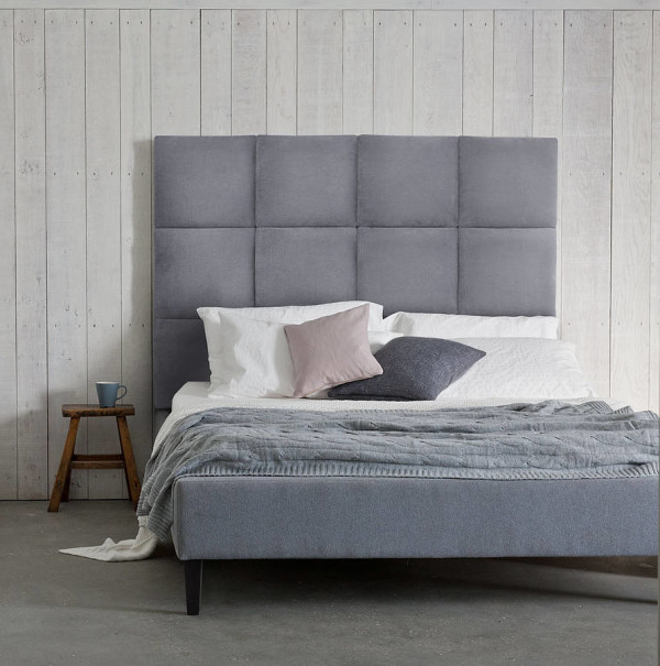 Bedroom,Comfortable Headboard Design With Beautiful Gray Color And Soft Some Pillows Also Creative Brown Wood Bedside Table Using Cool Bright Brown Wood Horizontal Linen Wall,Comfortable Bed With Headboard Designs